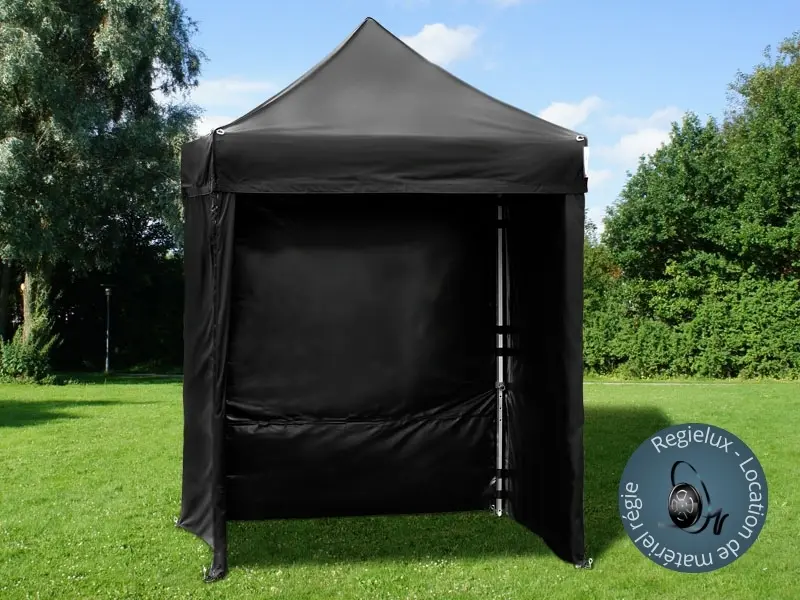 Black professional folding tent 2m/2m (+ 4 sides and transport cover on wheels)